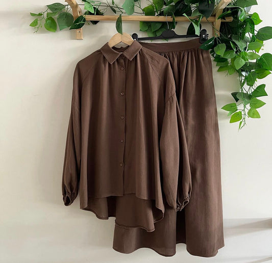 Muslin Skirt and Shirt Set-Brown