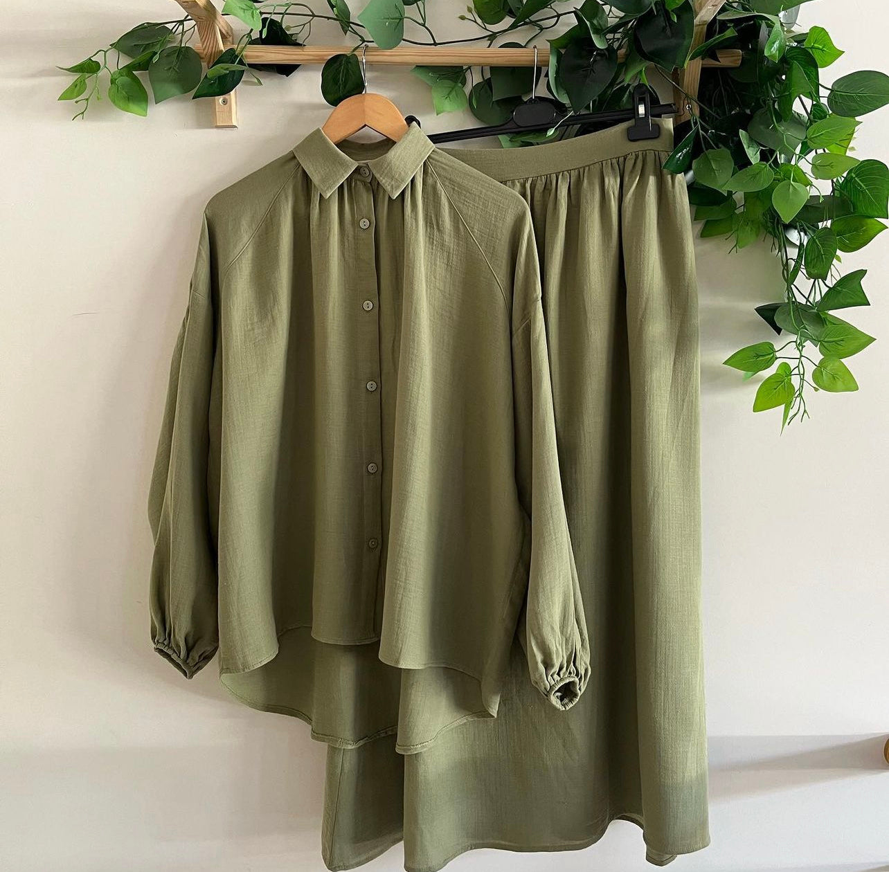 Muslin Skirt and Shirt Set-Olive