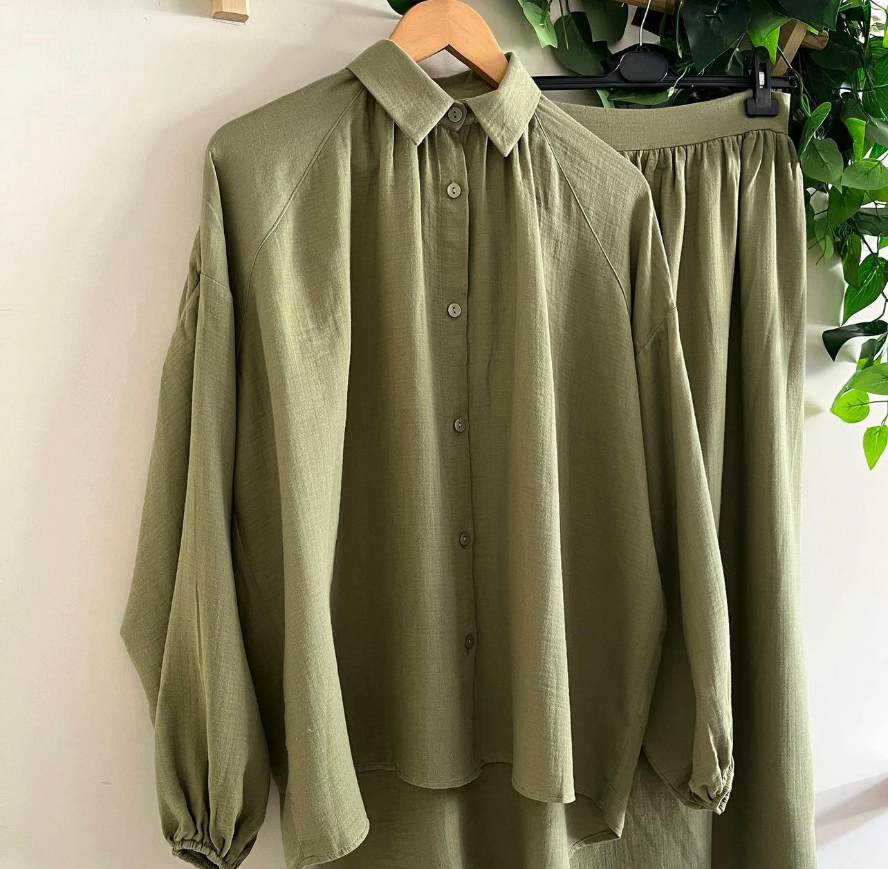 Muslin Skirt and Shirt Set-Olive